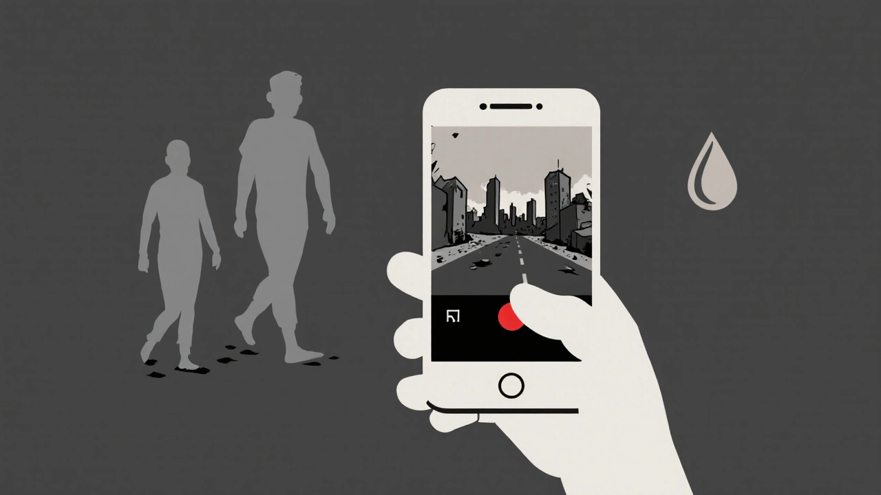 A phone showing war footage with ghostly footsteps and a single tear, symbolizing emotional impact.