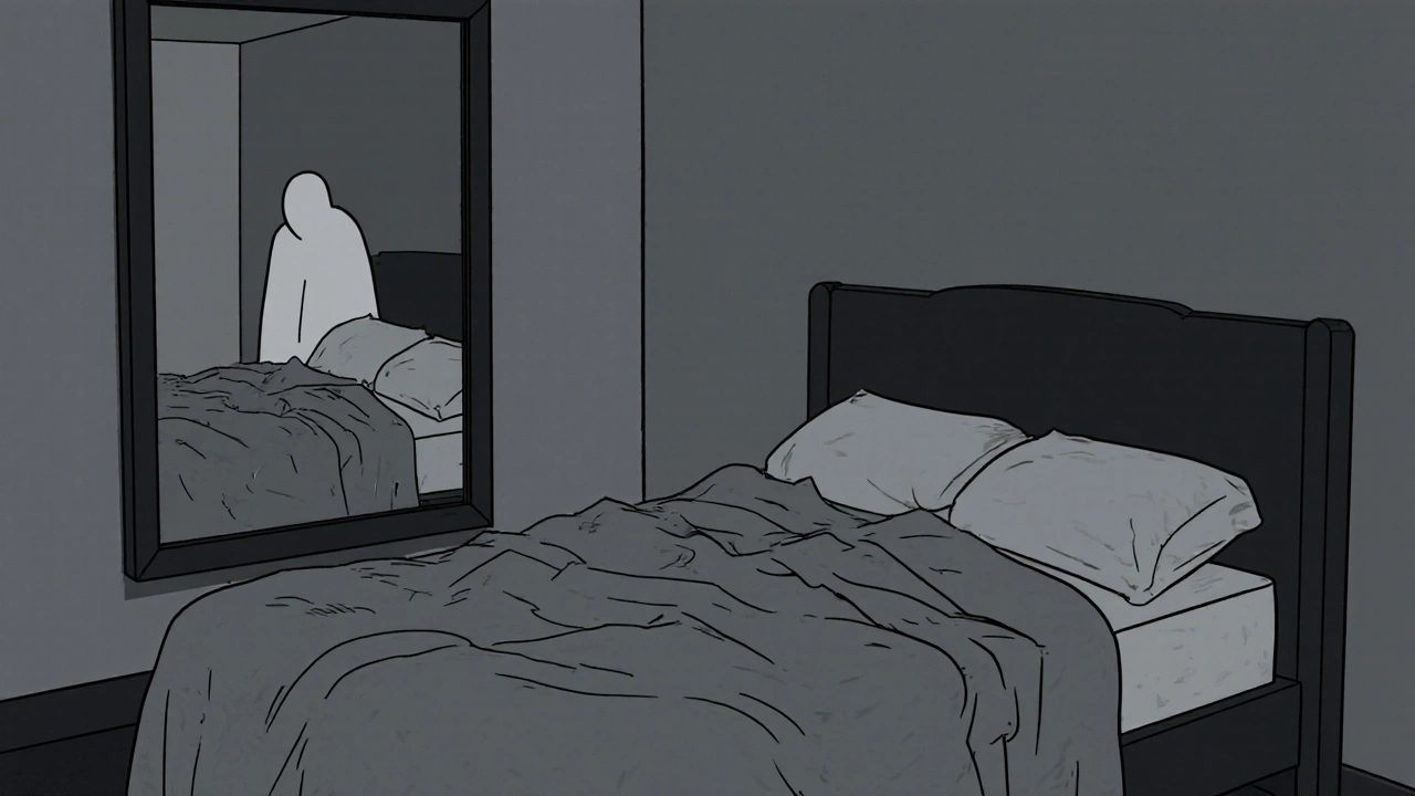 A quiet bedroom at night, with a faint figure reflected in a mirror behind the viewer.