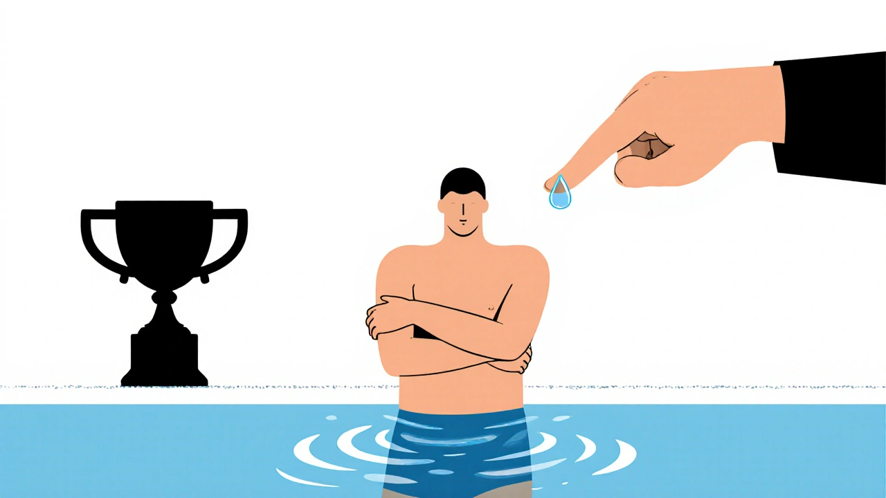A swimmer stands at pool&#039;s edge, water rippling, trophy unseen behind them — a single drop falls from their hand.