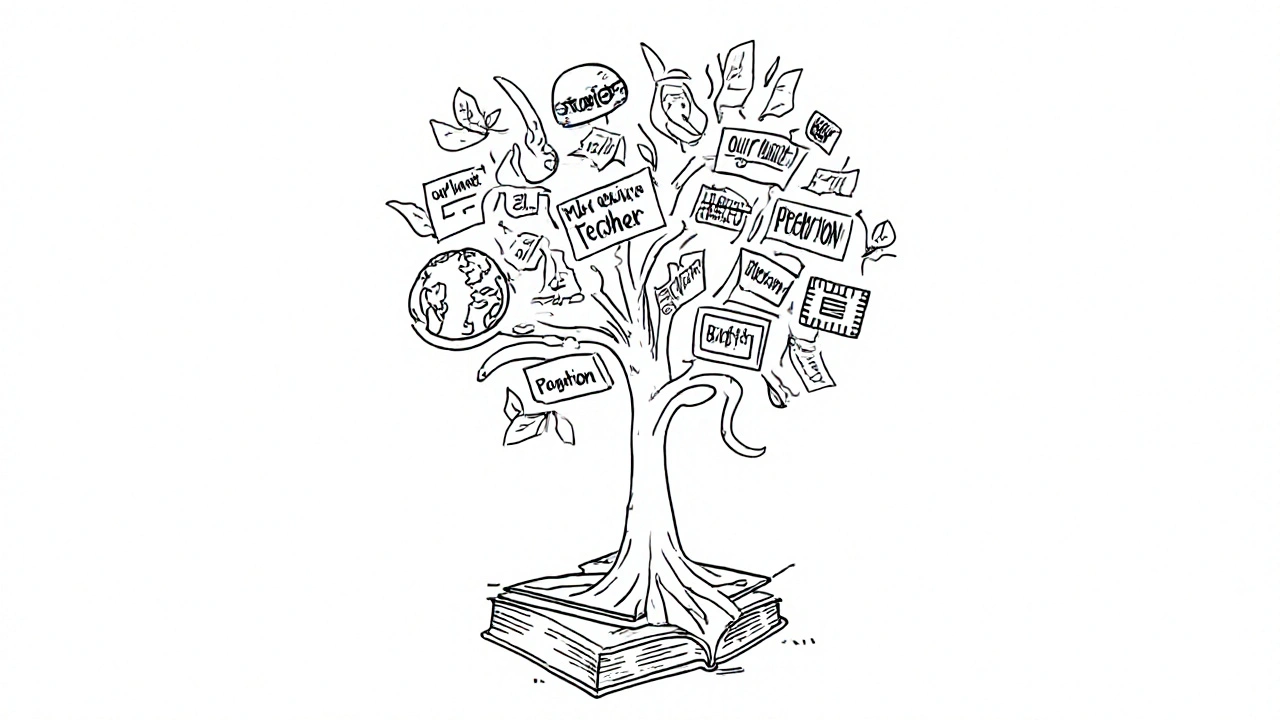 A tree growing from a laptop with documentary titles as branches, representing knowledge and connection.