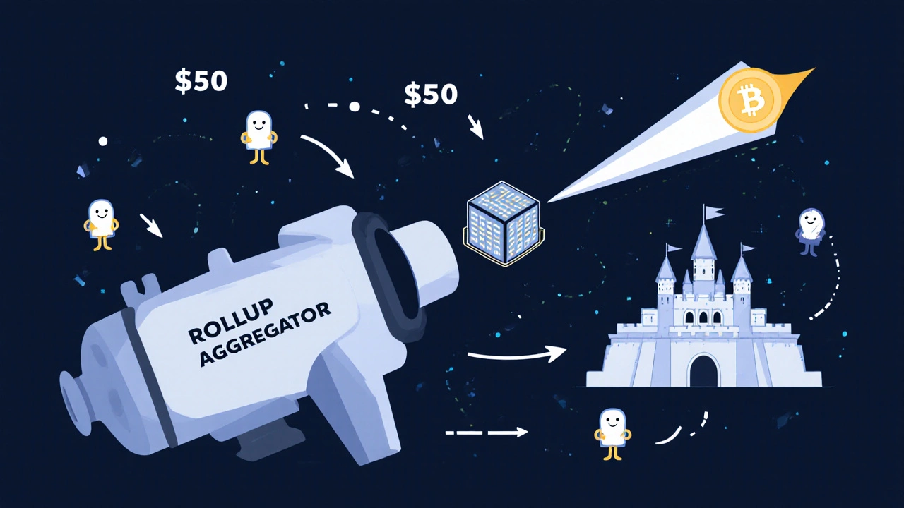 An engine compressing transactions into a single data beam sent to a blockchain.
