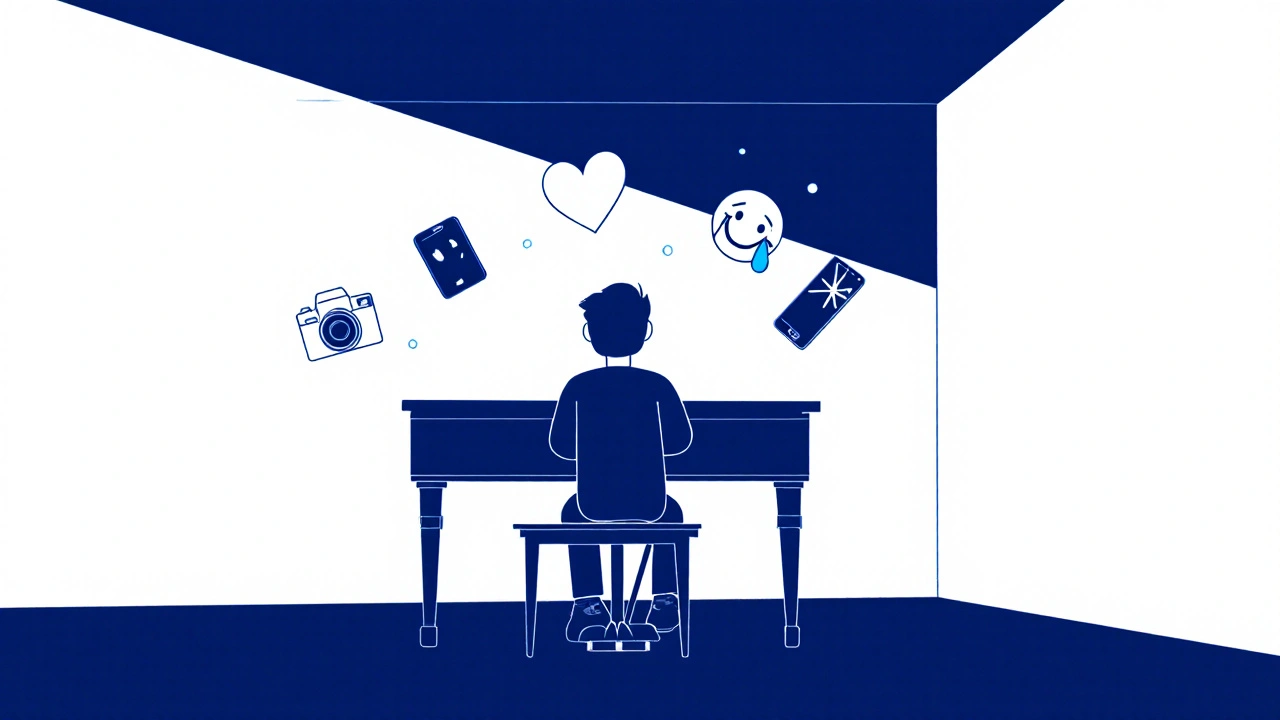 Bo Burnham at piano surrounded by digital icons in monochrome illustration