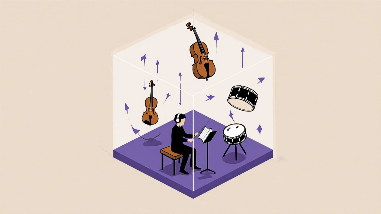 Composer surrounded by floating instruments in a transparent cube, indicating Atmos placement.