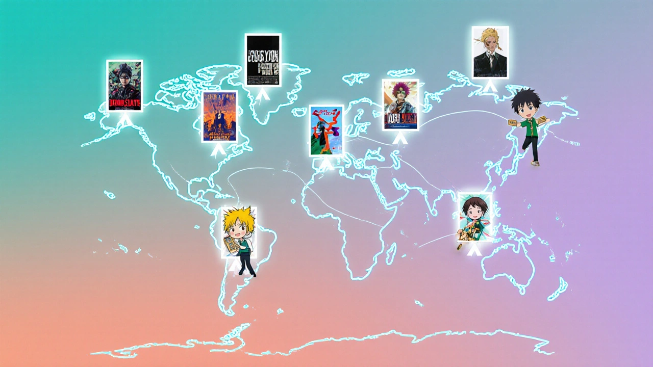 Global map showing anime film releases connecting Japan to major cities with glowing paths and fan icons.