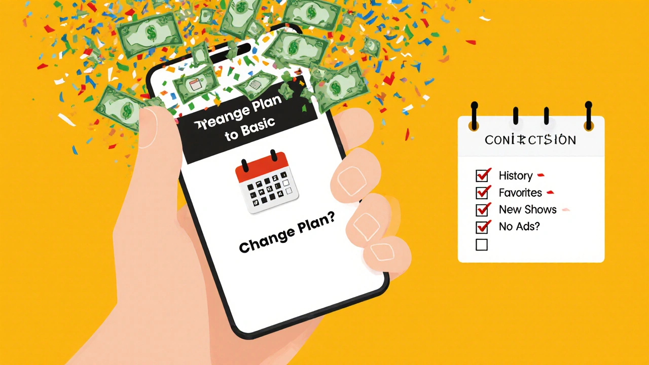 Hand clicking &#039;Change Plan&#039; button as money rises, with checklist showing preserved content and savings.