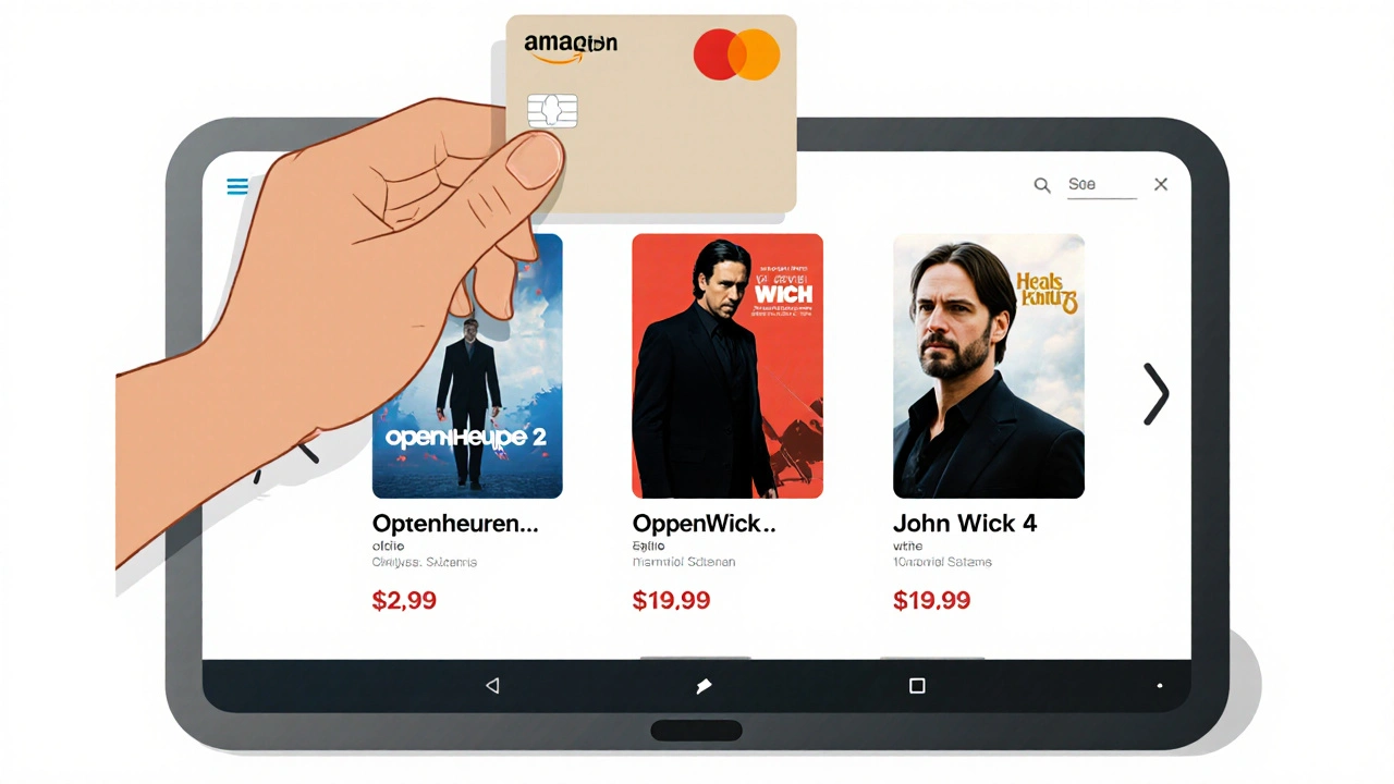 Hand holding gift card above tablet showing rentable movies with price tags.