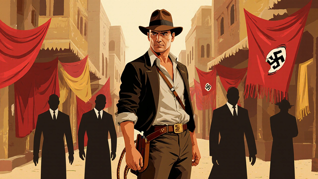 Indiana Jones stands alone in a vibrant marketplace facing shadowy enemies.