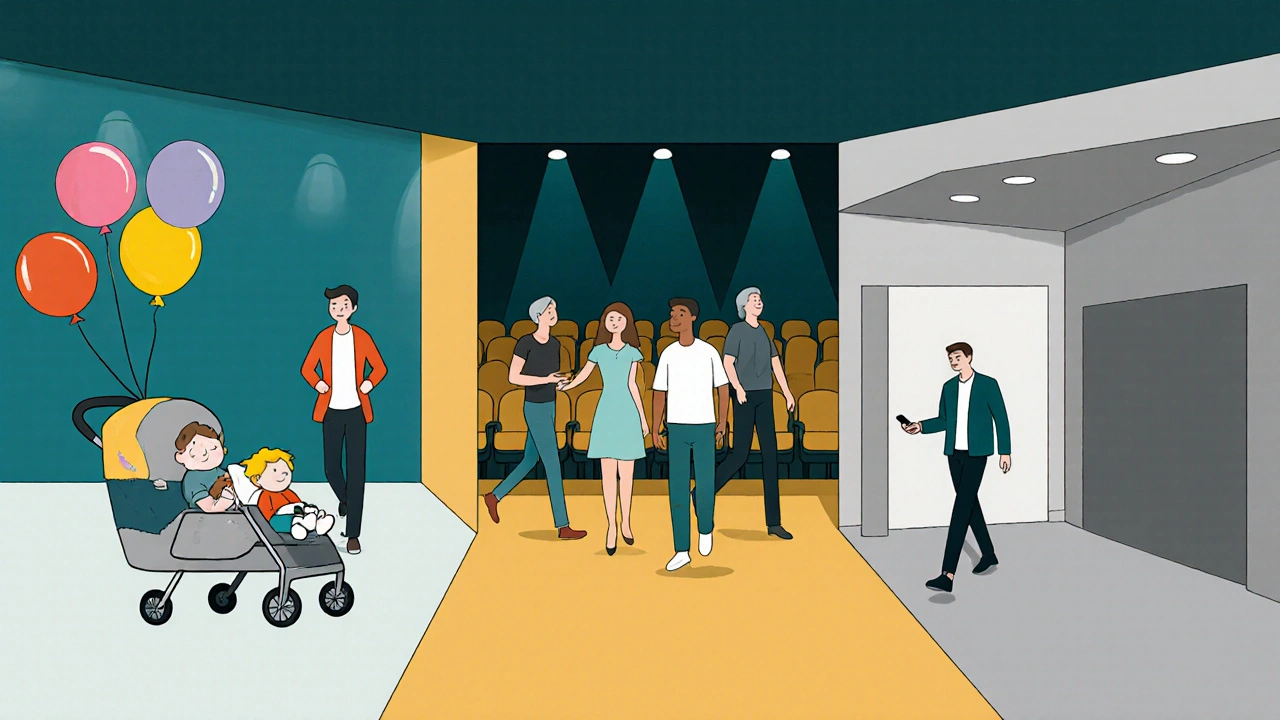 Minimalist theater lobby showing families, couples, and solo viewers reacting to different genres.