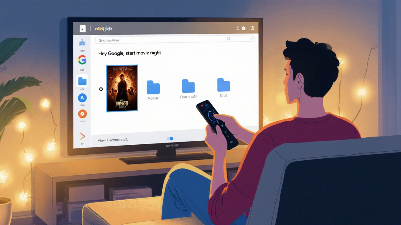 Person using voice command to start movie night, TV shows curated folder