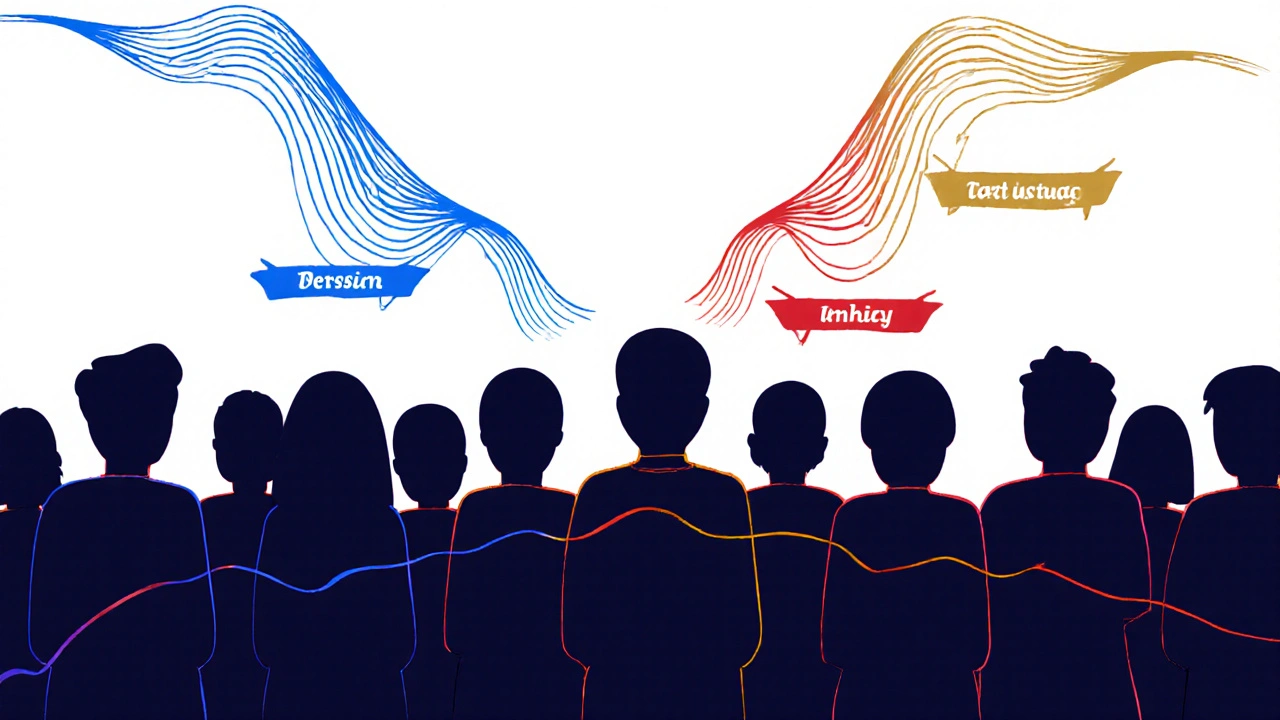 Silhouetted audience surrounded by colored sound ribbons representing emotional audio paths.