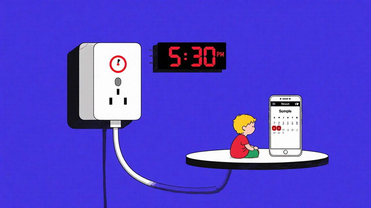 Smart plug turning off TV automatically at set time, child watching calmly.