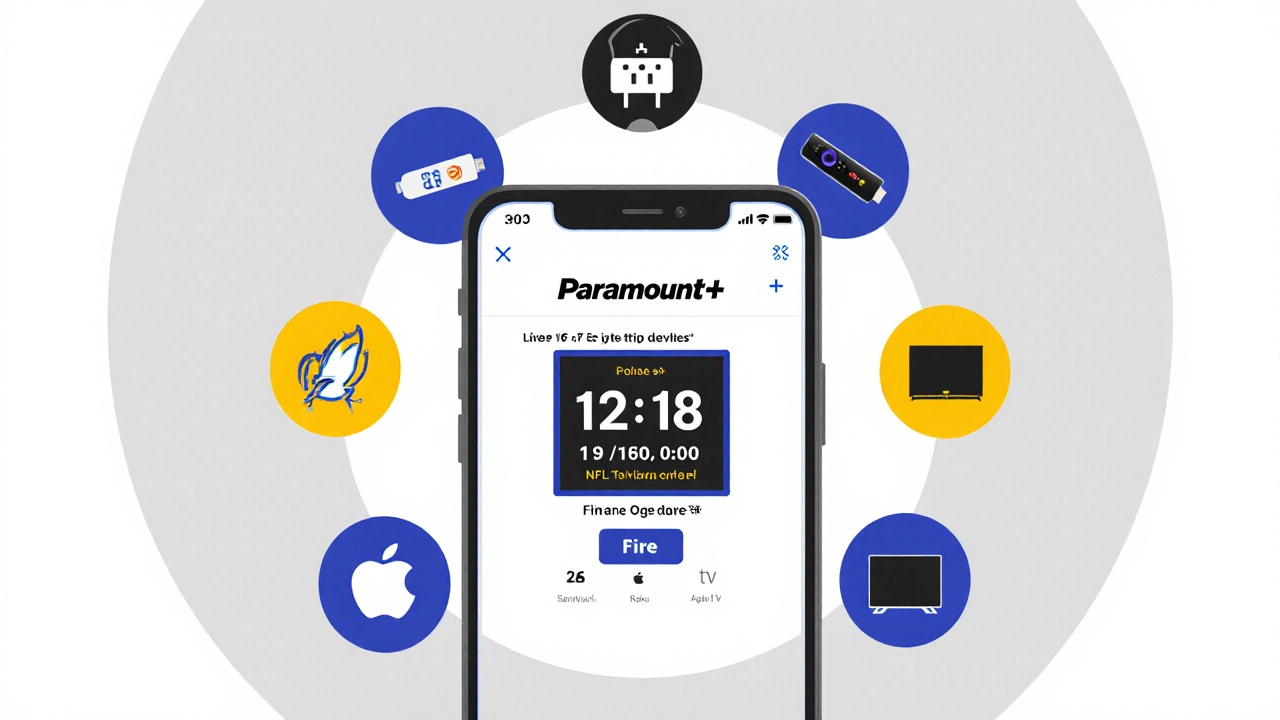 Smartphone showing Paramount+ NFL live stream with streaming devices around it, clean design.