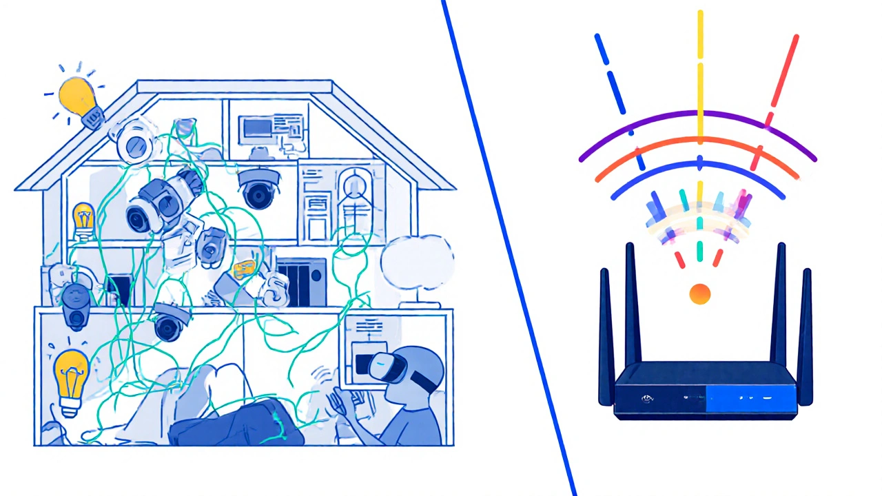 Split-screen showing chaotic Wi-Fi 5 signals vs. clean, connected Wi-Fi 7 signals for multiple smart devices in a home.