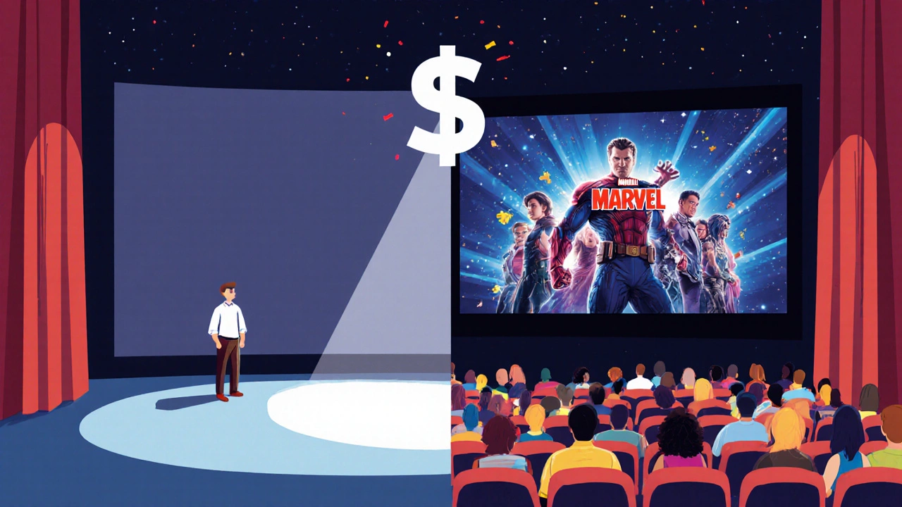 Split theater scene: empty U.S. cinema vs. packed international audience watching a blockbuster film.