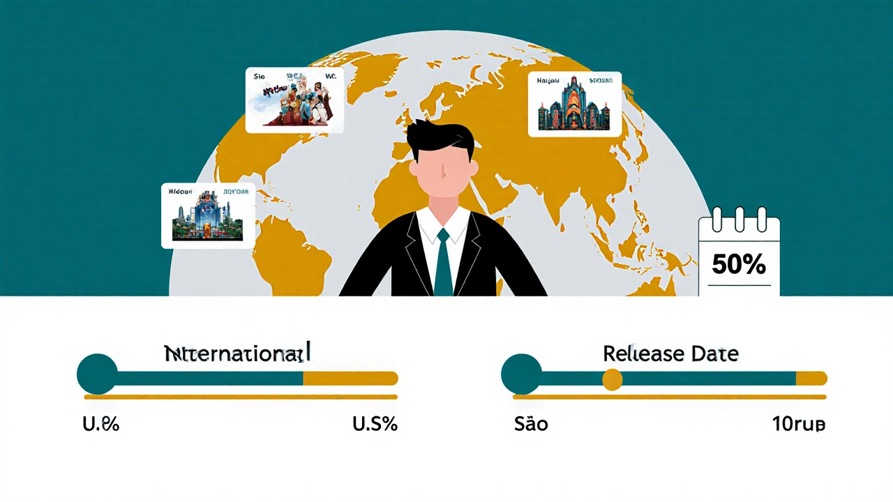 Studio executive adjusting global budget sliders, with a spinning globe showing international release dates ahead of the U.S.