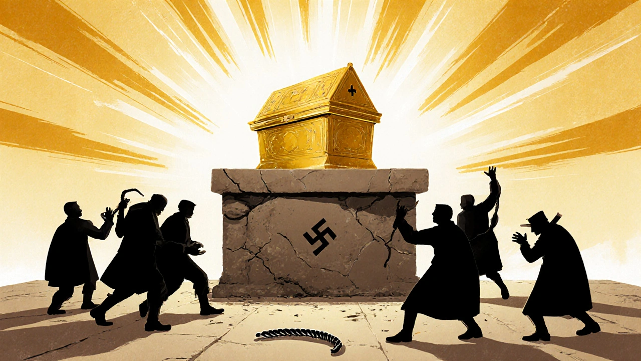 The Ark of the Covenant glows with supernatural light as Nazis fall.