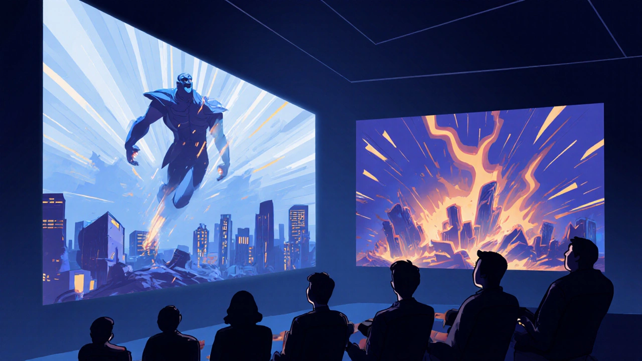 Theater interior with ScreenX projection extending anime action onto side walls, audience in silhouette.