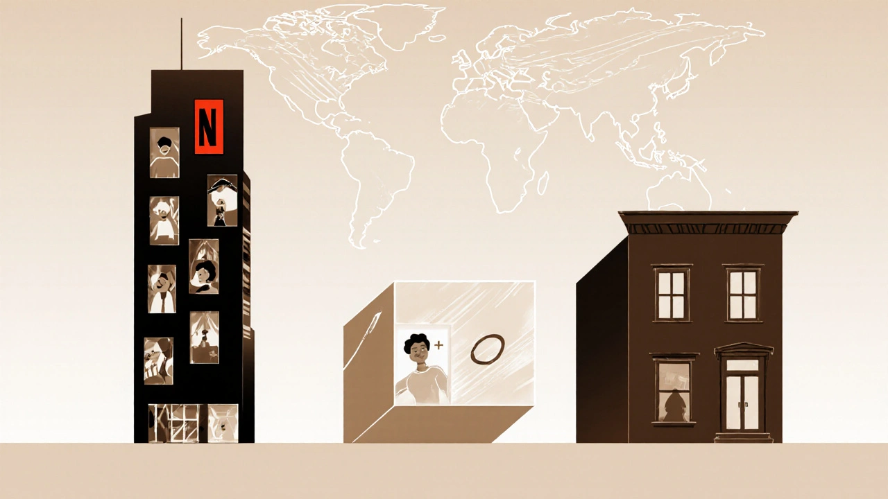 Three abstract platforms represented as buildings with unique visual styles