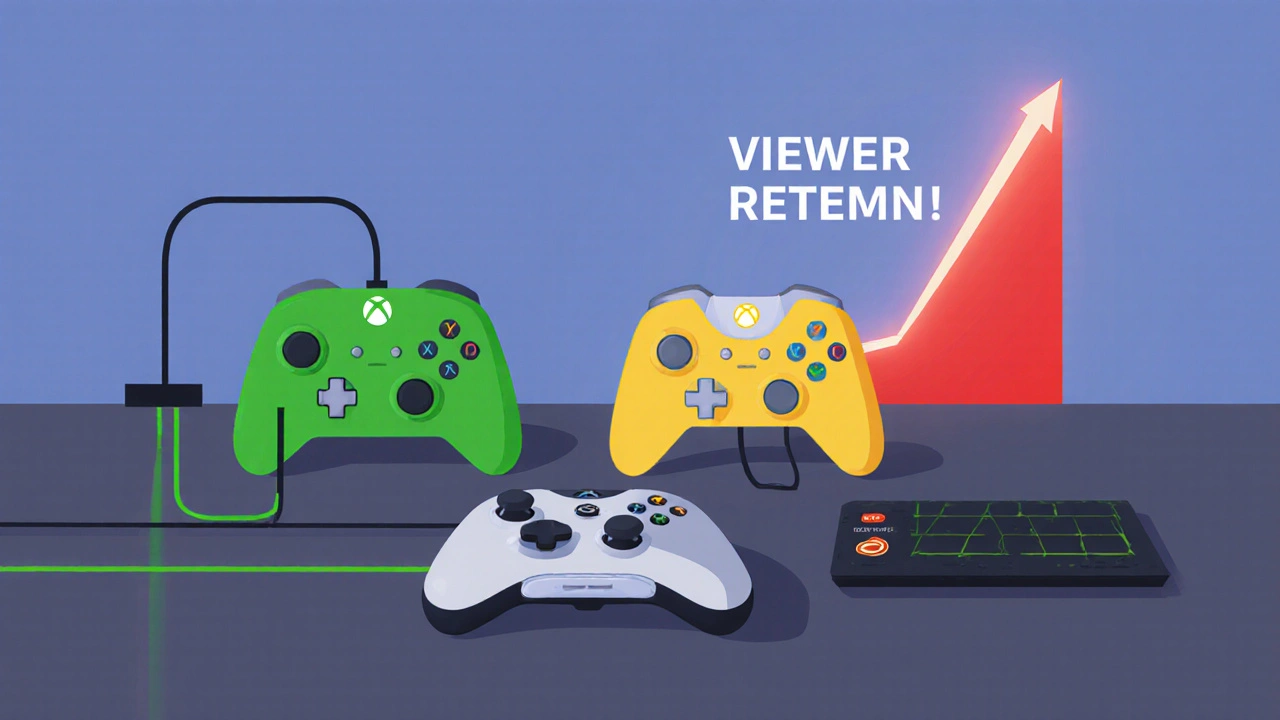 Three controllers on desk with colored latency paths and rising viewer retention graph