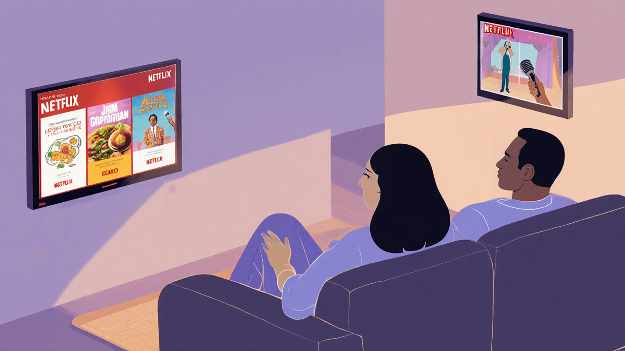 Three people on couch watching different stand-up specials on small screens