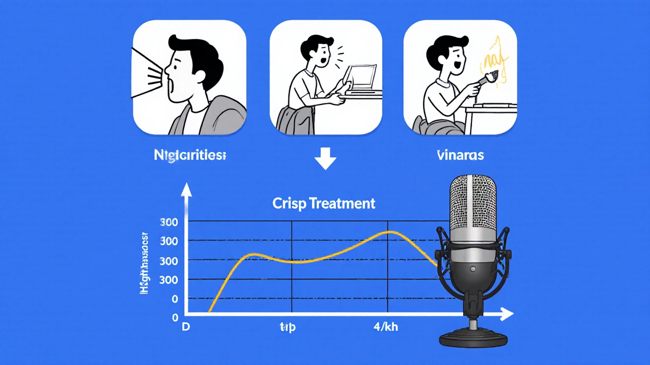 Three speech actions above a microphone with EQ graph below, showing sound improvement from fuzzy to clear.