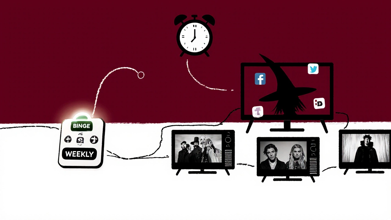 TV remote with BINGE and WEEKLY buttons connected to a chain of episodes