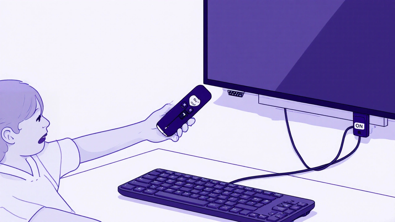 TV securely mounted with locked cables, child unable to disconnect devices.