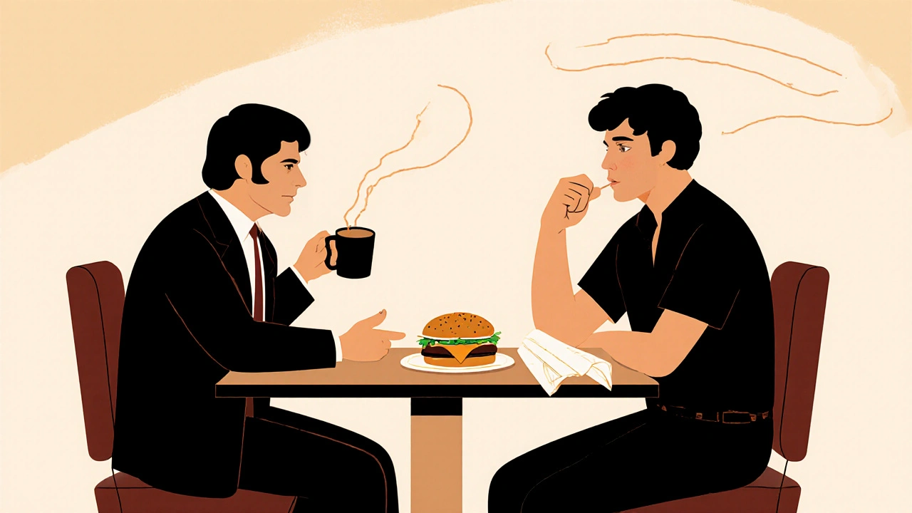Two figures in a diner, quiet conversation implied through simple shapes and warm lighting.