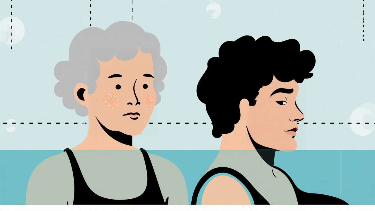 Two figures seen through blurred pool glass, their forms distorted by water and silence.