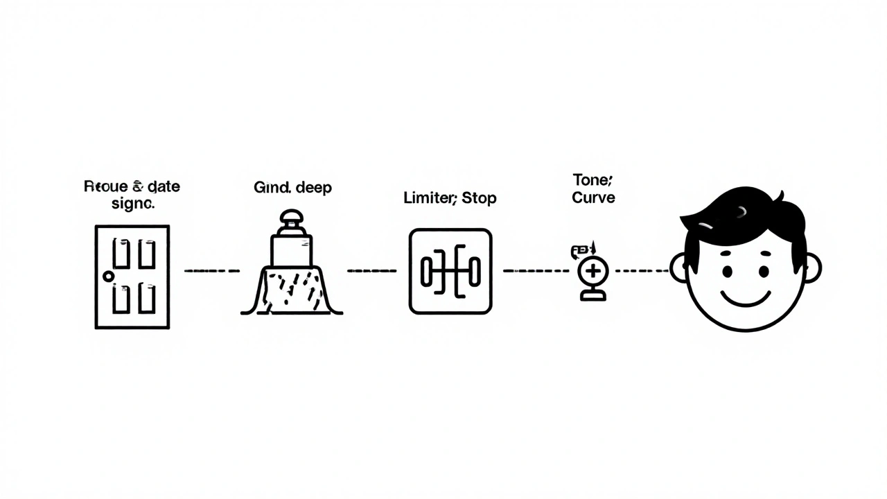 Visual chain of audio processing icons transforming a messy waveform into a clean, bold voice line.