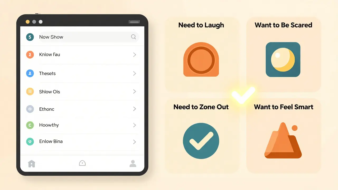 A clean mood-based watchlist on the right, contrasting with a cluttered digital list on the left.