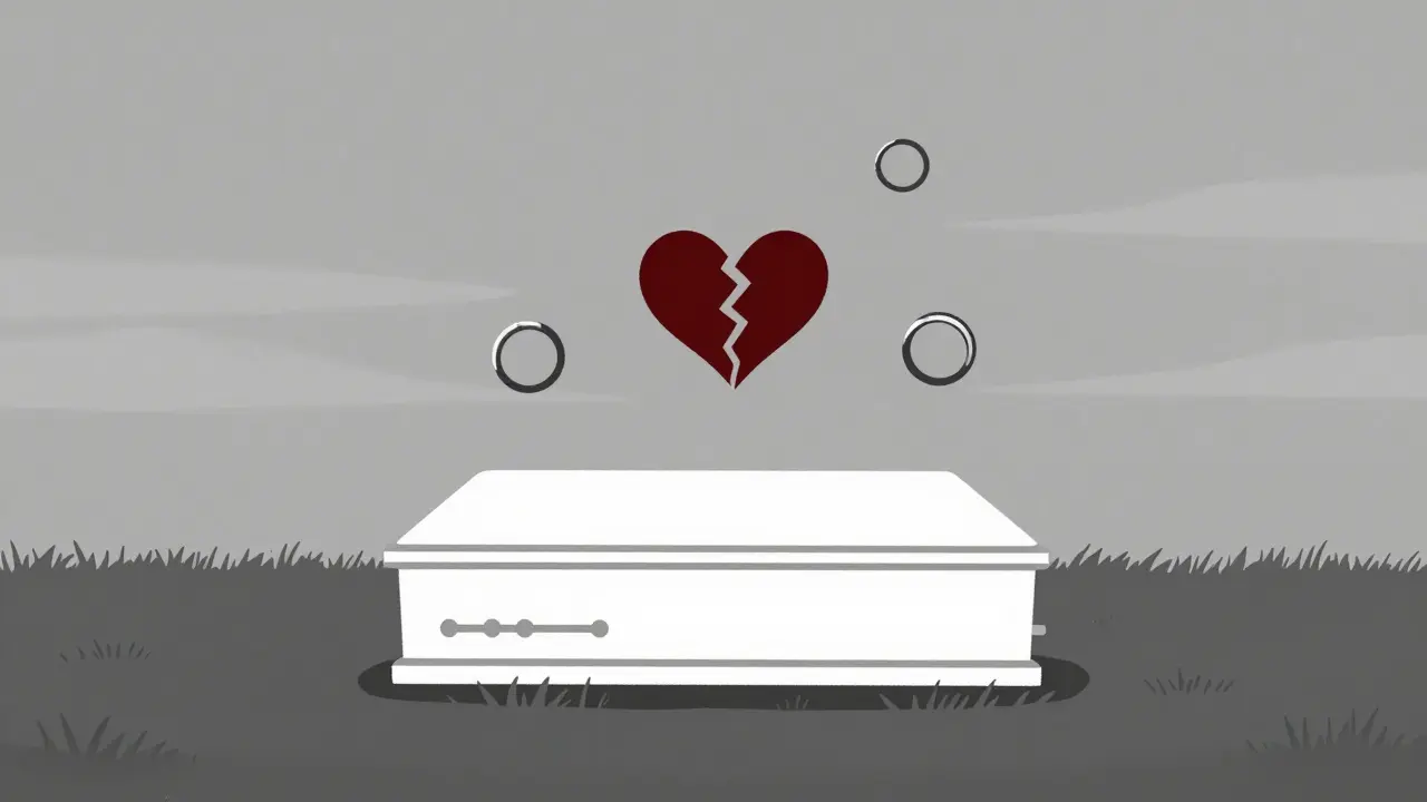 A coffin surrounded by wedding rings and a broken heart in a field.