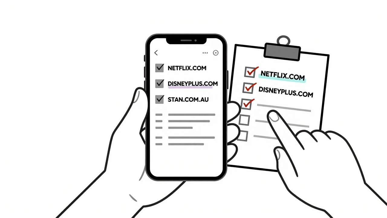 A hand reviewing a bank statement on a phone while checking off canceled streaming services on a notepad.