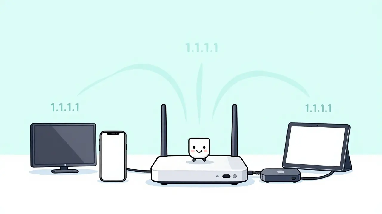 A home router broadcasting a fast DNS signal to all connected streaming devices in a minimalist scene.