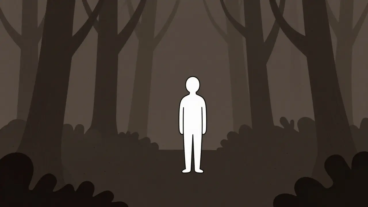 A person surrounded by mysterious, shifting shapes in a dark forest.