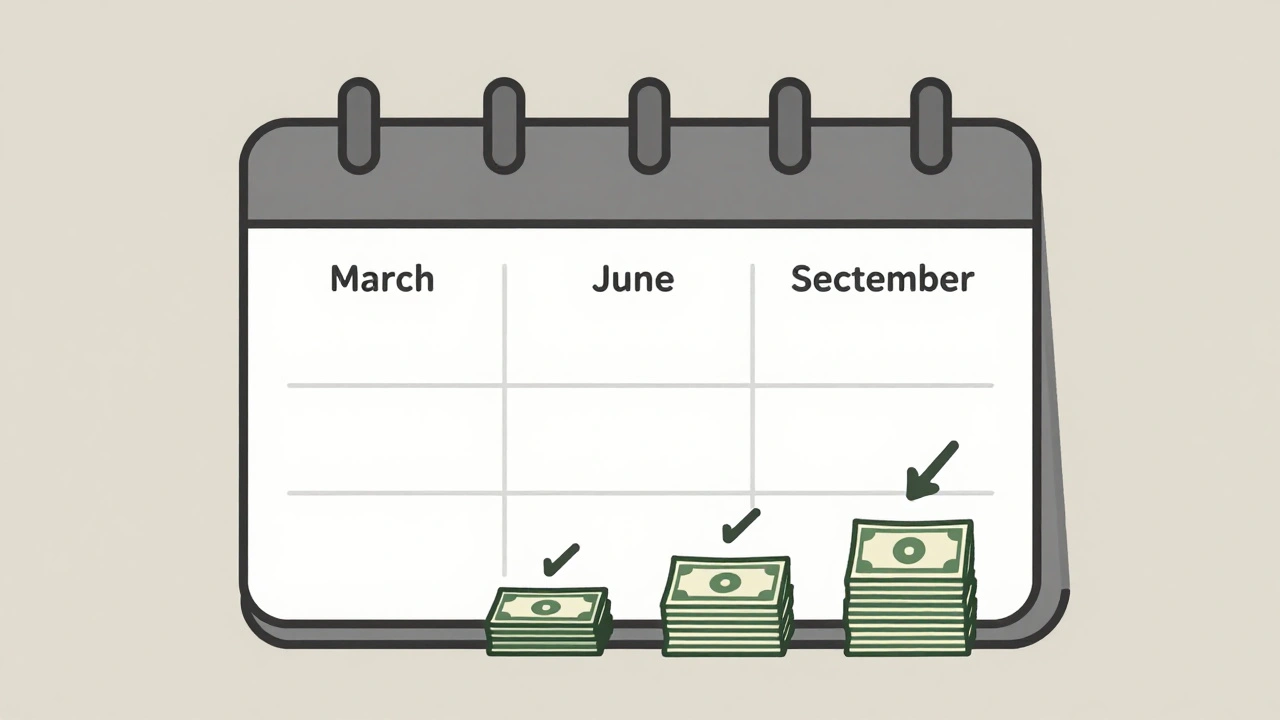 A quarterly calendar with streaming icons and shrinking money stacks, symbolizing regular subscription reviews.