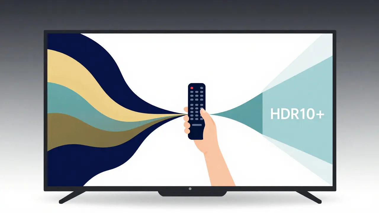 A TV screen splitting into two HDR formats with a hand hovering above, illustrated in flat minimalist style.