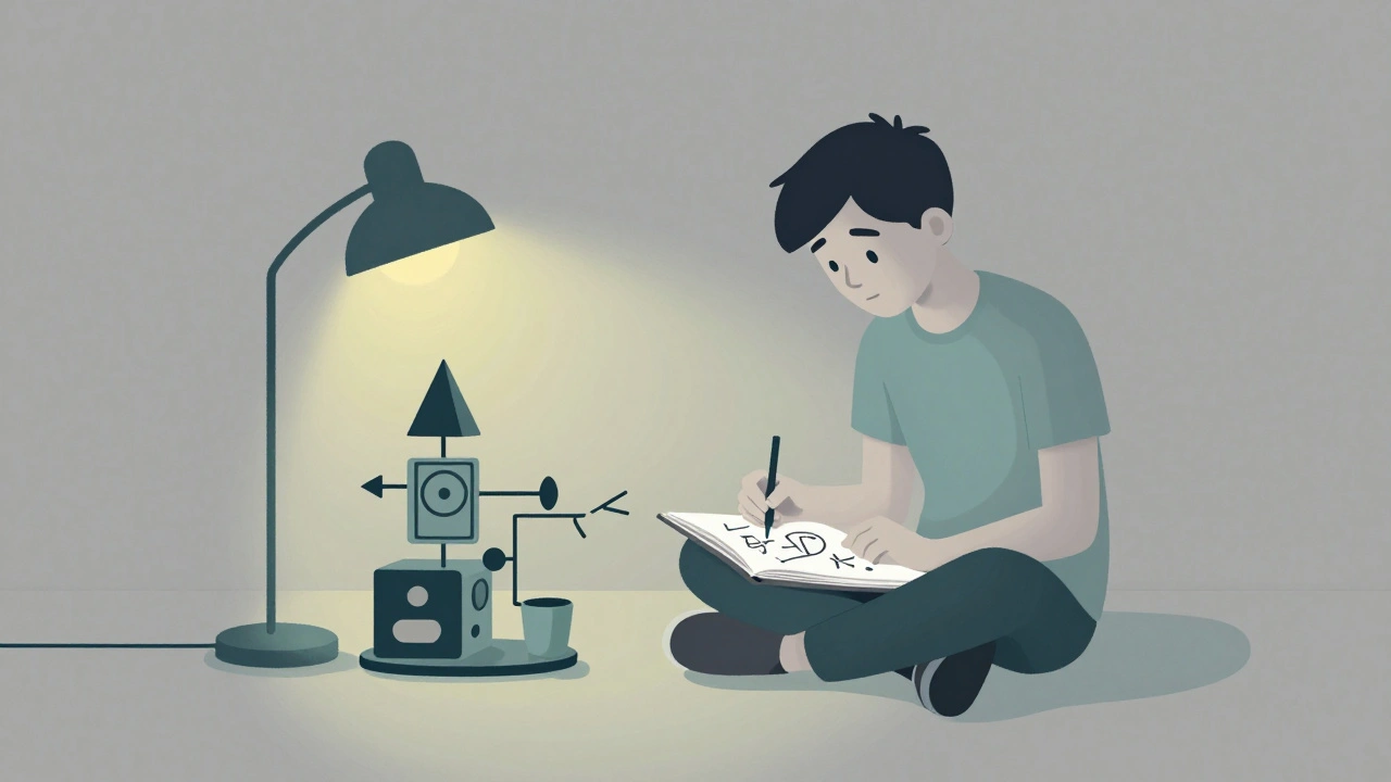 A tween draws mystery symbols beside a homemade invention.