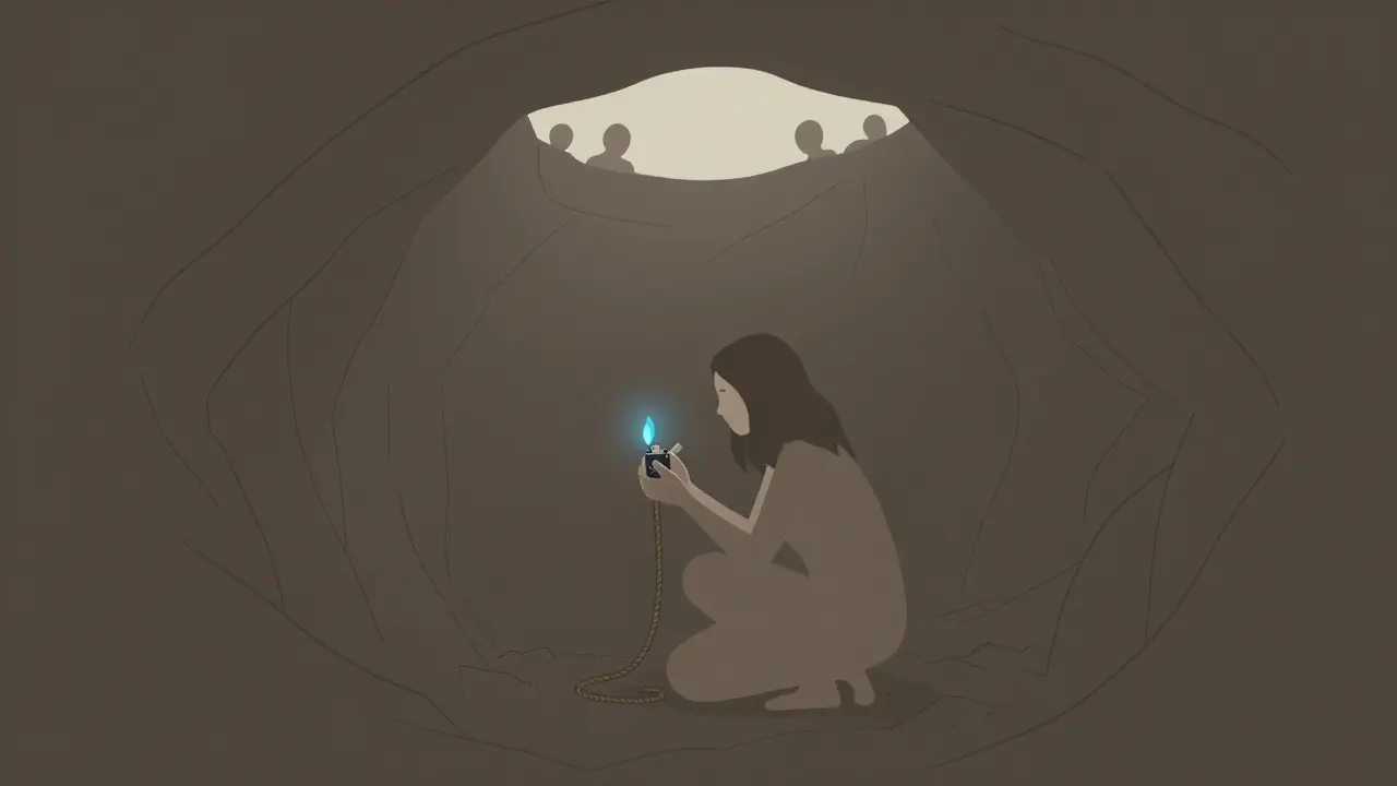 A woman in a cramped cave with a lighter, surrounded by shadowy figures and no escape.