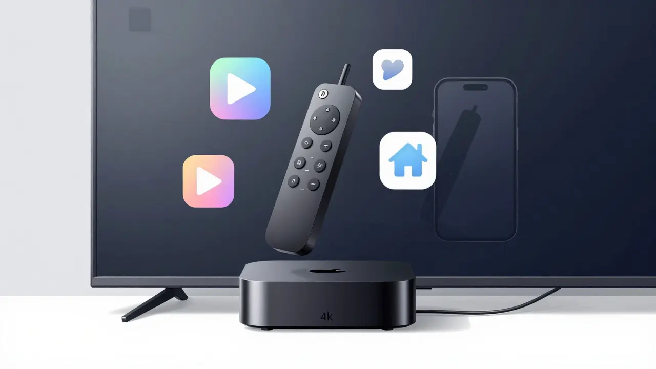 Apple TV 4K with floating AirPlay and HomeKit icons on dark background