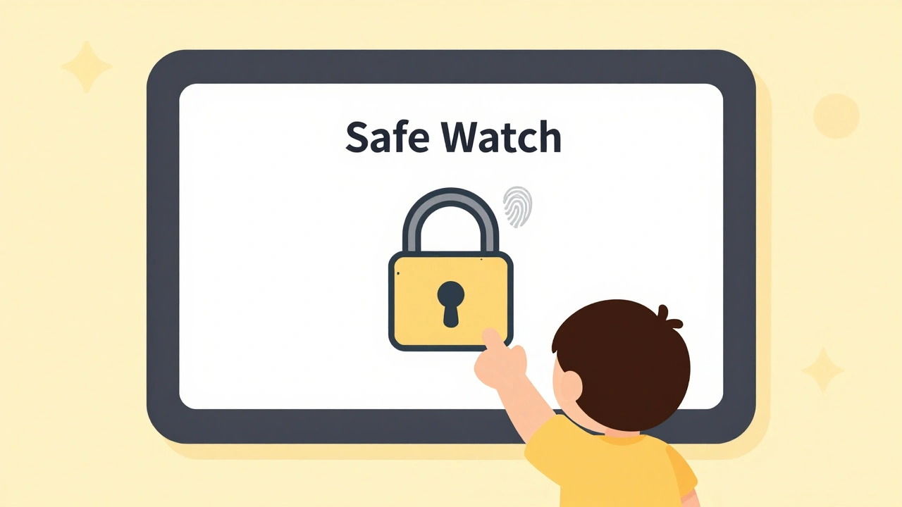 Child using locked YouTube Kids app showing only one approved playlist with a padlock.