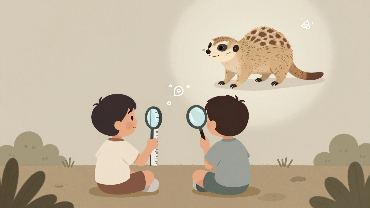 Children observe an animated meerkat with science tools in the backyard.