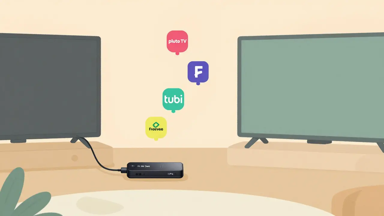 Fire TV Stick beside digital antenna with free streaming service icons