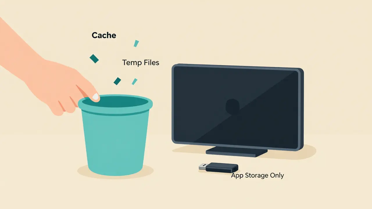 Hand clearing cache from a Fire TV interface, with debris vanishing into a bin and a labeled USB drive nearby.