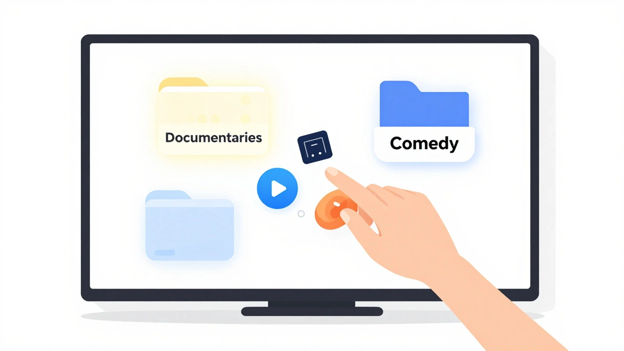 Hand organizing streaming app icons into labeled genre folders on a smart TV.