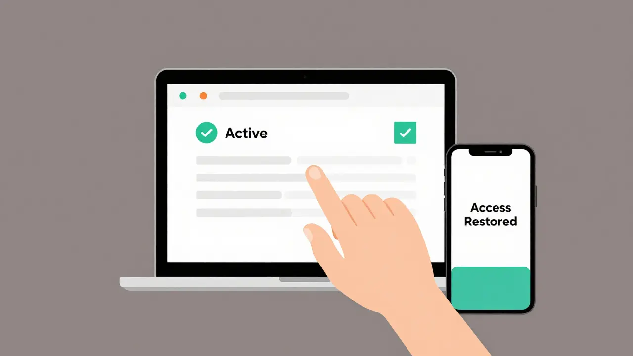 Hand updating payment info on laptop, showing active status notification