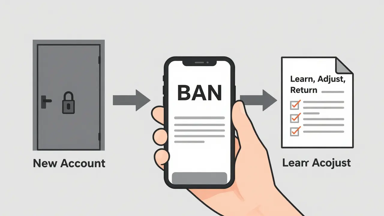 Minimalist design showing a ban notice with two paths: one blocked, one leading to appeal and recovery.