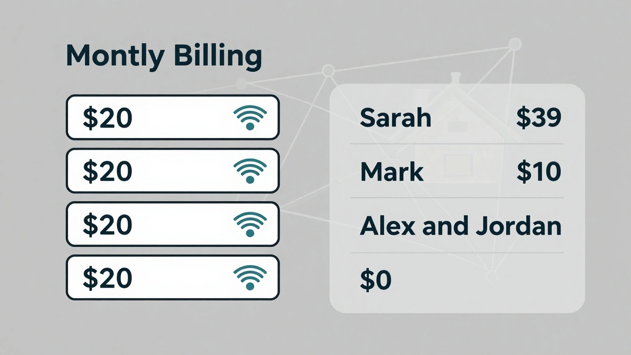 Monthly bills divided: even Wi-Fi costs and personalized streaming charges on a shared sheet.