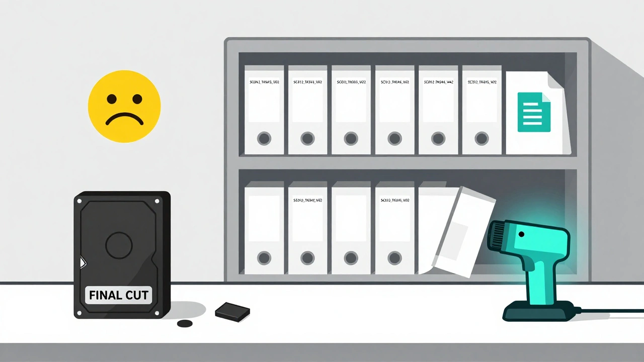 Organized archive shelf with labeled files and README icon next to a messy, broken drive.