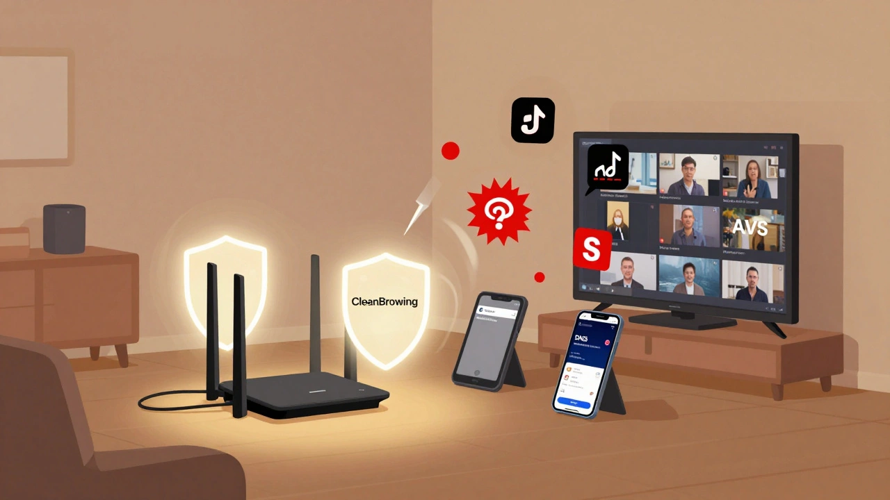 Router emitting protective shields blocking harmful ads and videos from reaching devices.